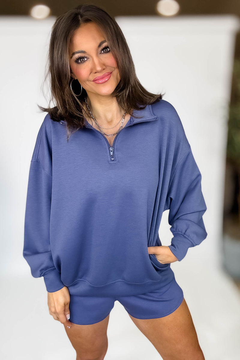 Scuba Half Indigo Blue Zip Pullover Top