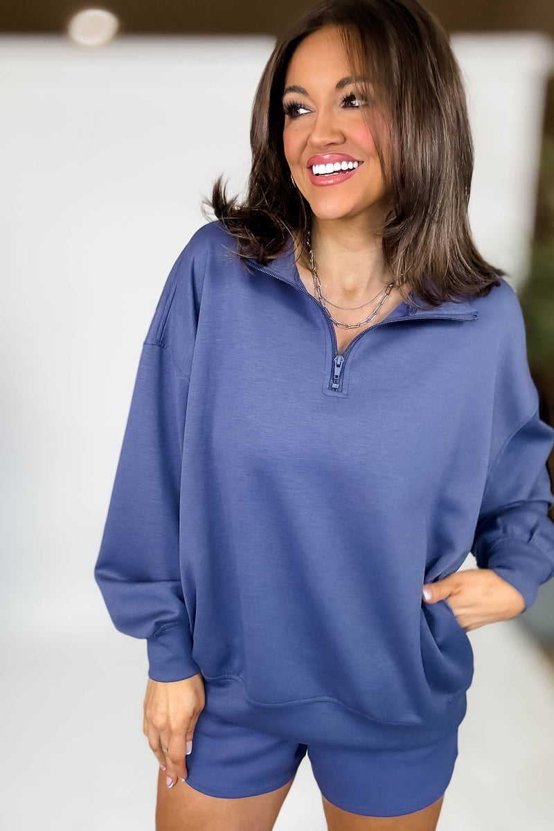 Scuba Half Indigo Blue Zip Pullover Top