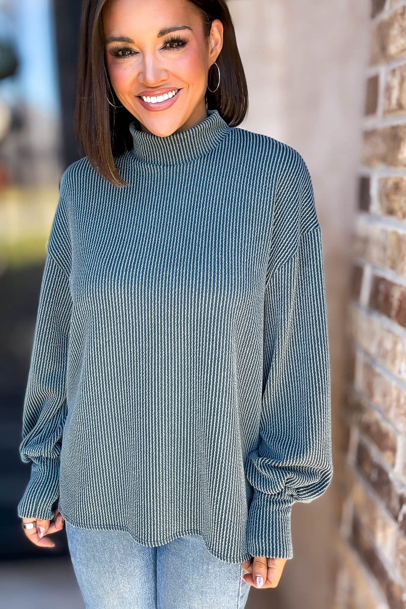 2 Hearts Teal Long Bishop Sleeve Ribbed Top