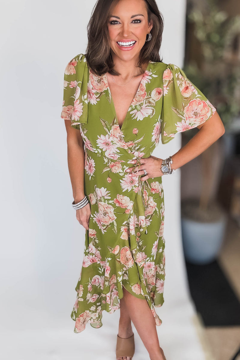 Dream Girl Pistachio Double Ruffled Hem Wrap Dress
