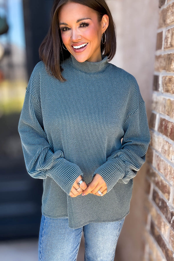 2 Hearts Teal Long Bishop Sleeve Ribbed Top