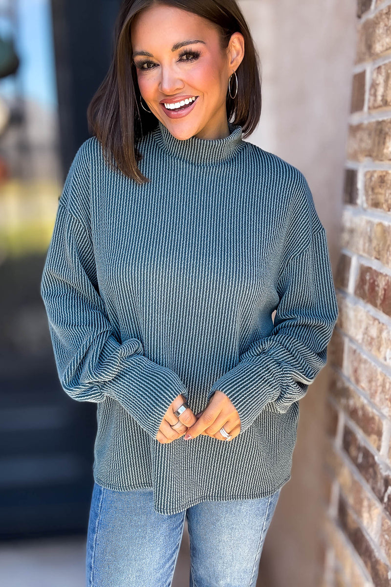 2 Hearts Teal Long Bishop Sleeve Ribbed Top