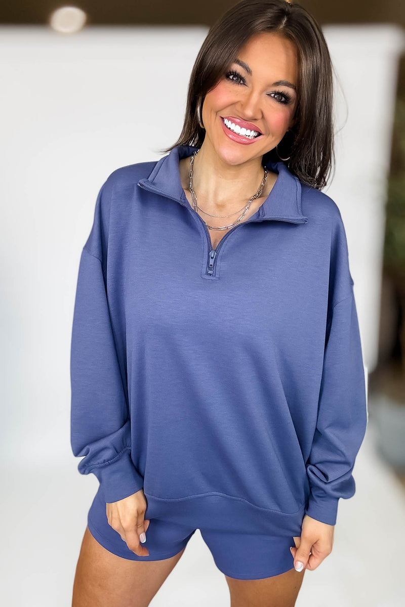 Scuba Half Indigo Blue Zip Pullover Top