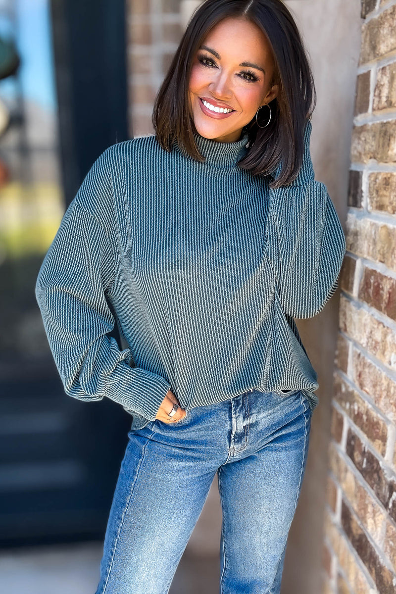 2 Hearts Teal Long Bishop Sleeve Ribbed Top