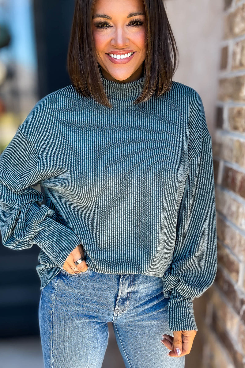 2 Hearts Teal Long Bishop Sleeve Ribbed Top