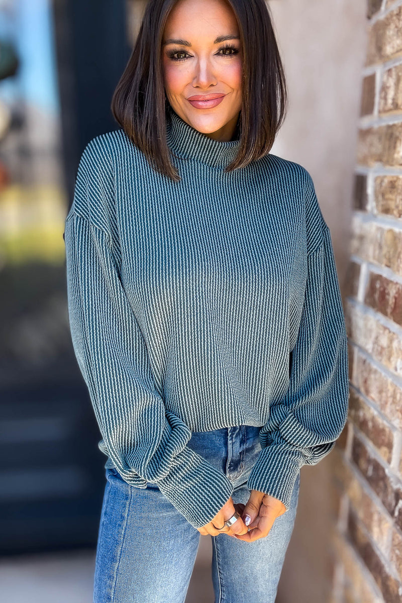 2 Hearts Teal Long Bishop Sleeve Ribbed Top