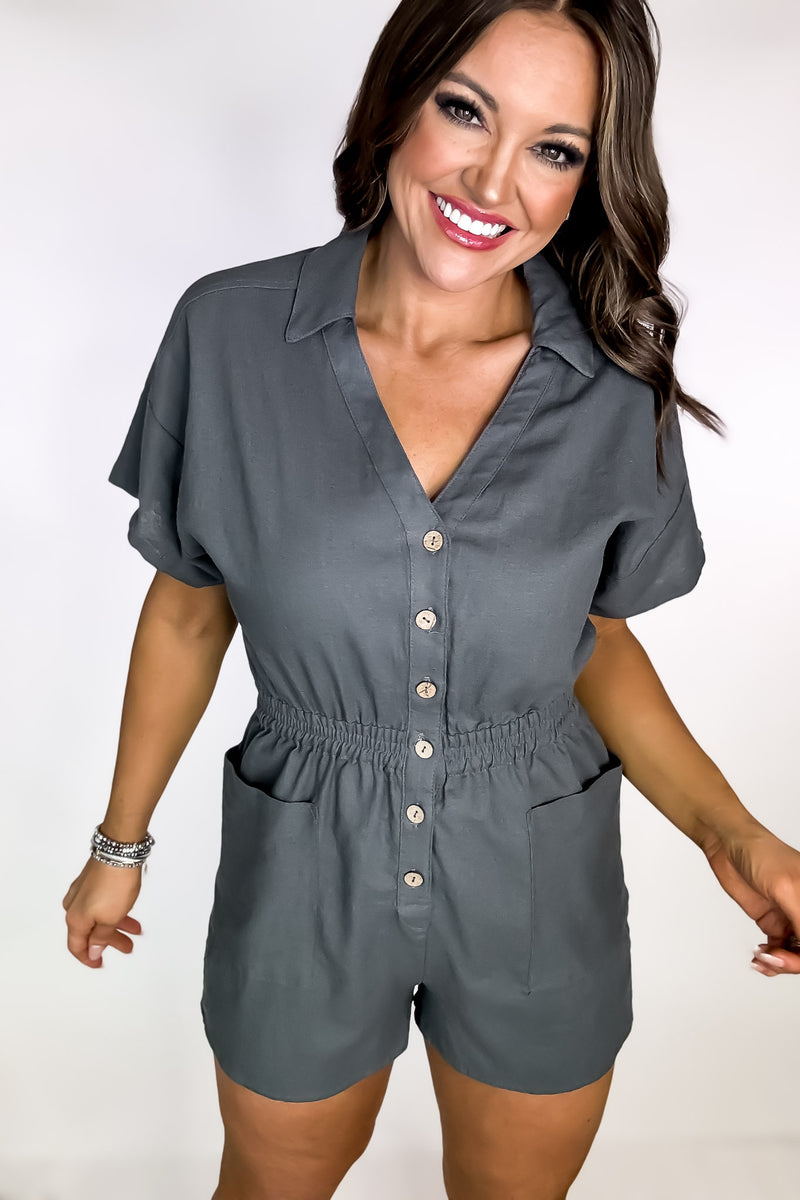 The Simple Life Charcoal Linen Button Down Romper