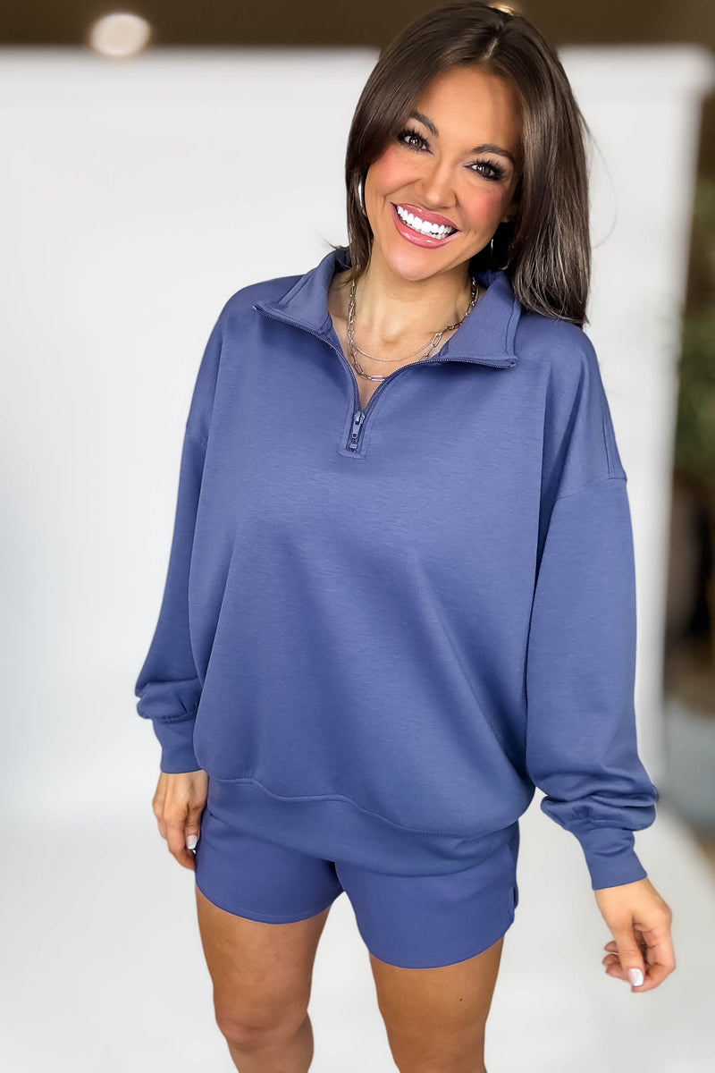 Scuba Half Indigo Blue Zip Pullover Top