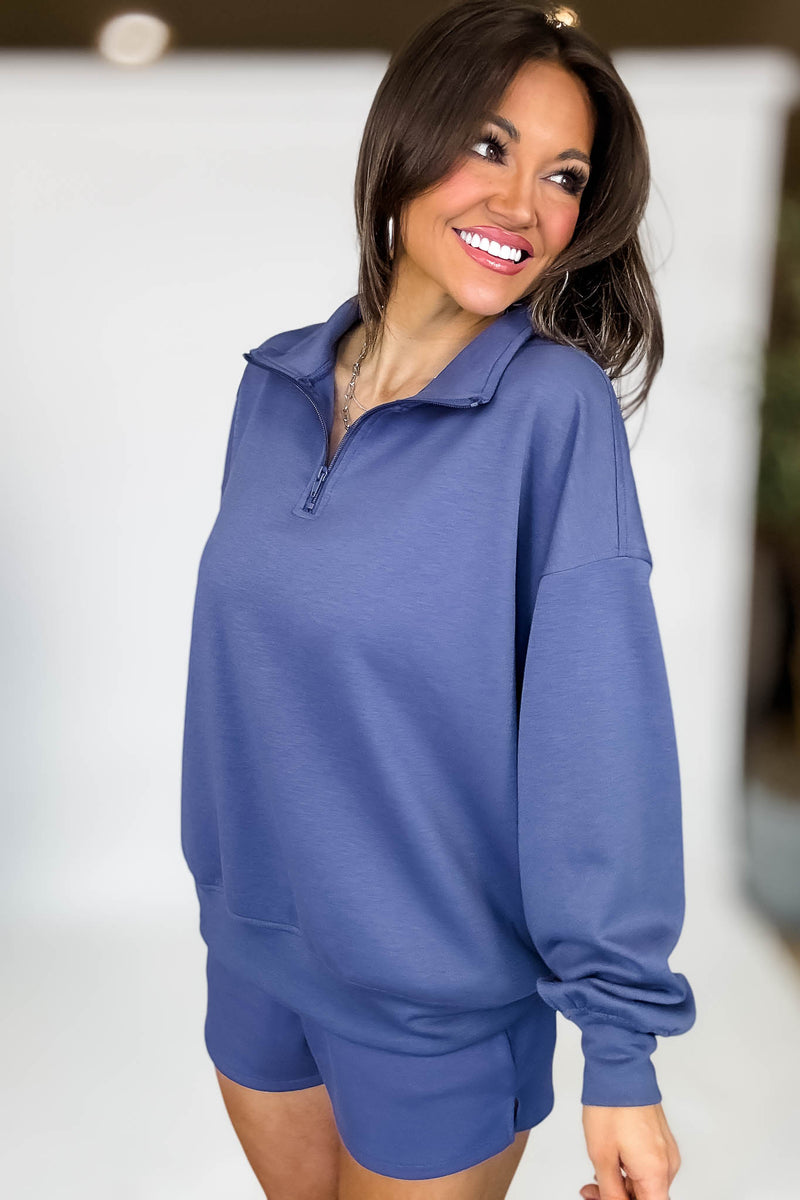 Scuba Half Indigo Blue Zip Pullover Top