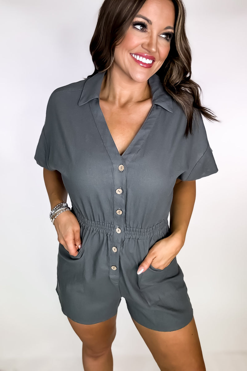 The Simple Life Charcoal Linen Button Down Romper