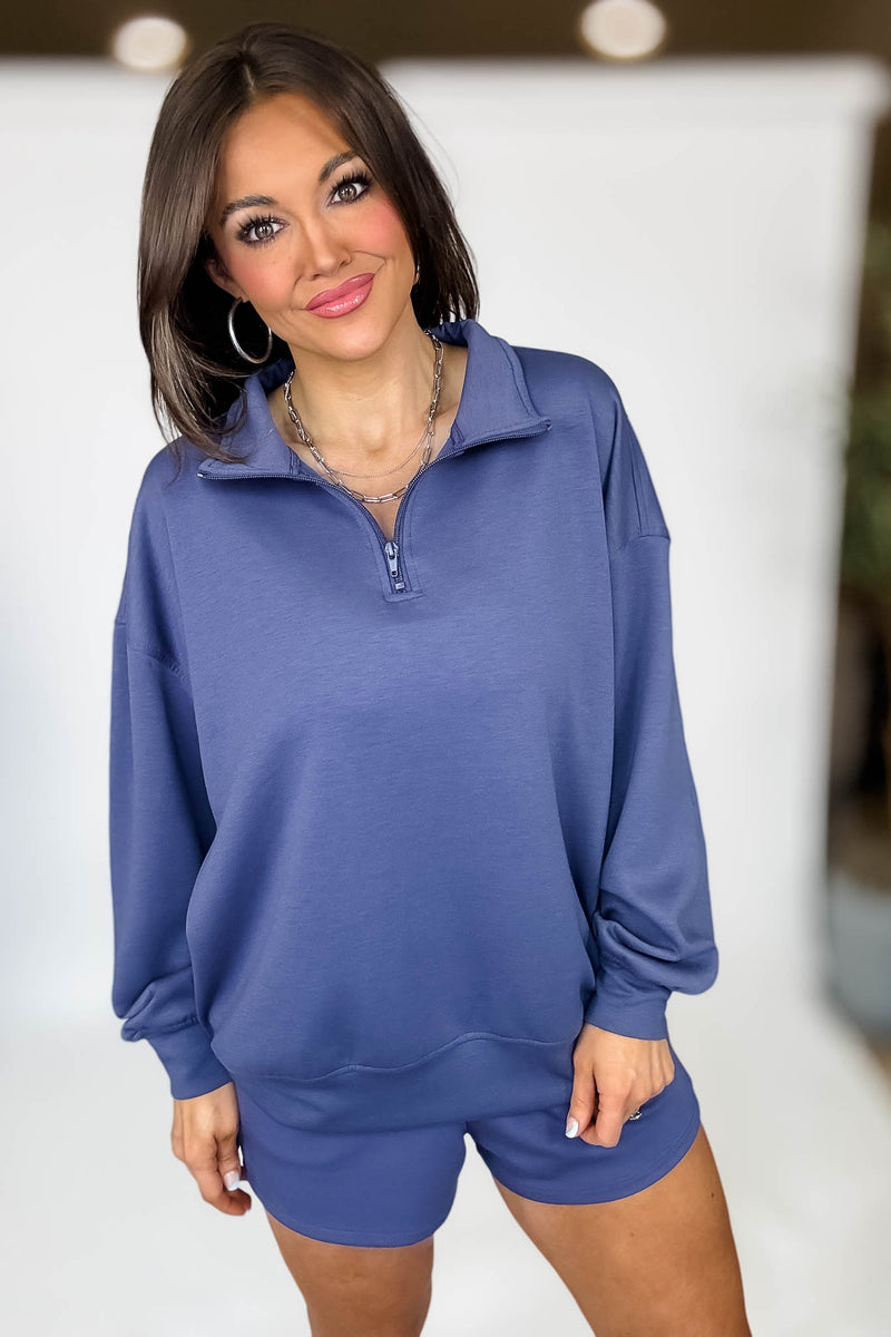 Scuba Half Indigo Blue Zip Pullover Top