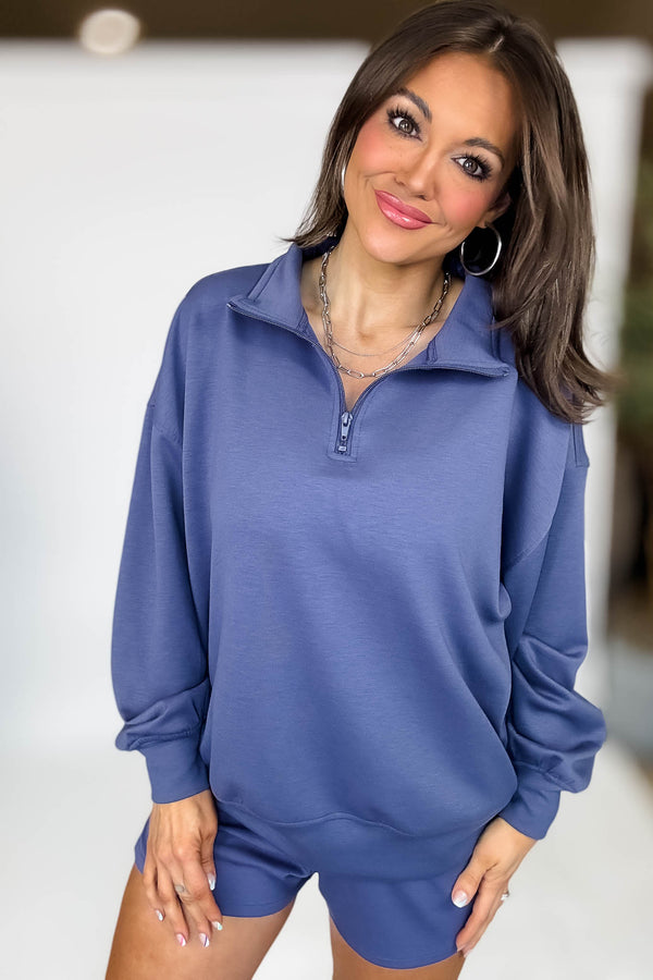 Scuba Half Indigo Blue Zip Pullover Top