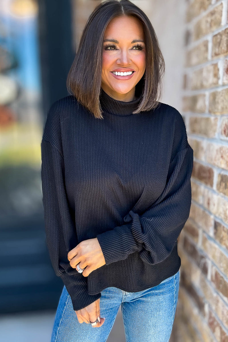 2 Hearts Black Long Bishop Sleeve Ribbed Top