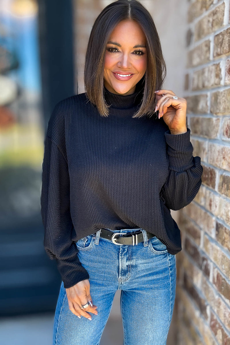 2 Hearts Black Long Bishop Sleeve Ribbed Top