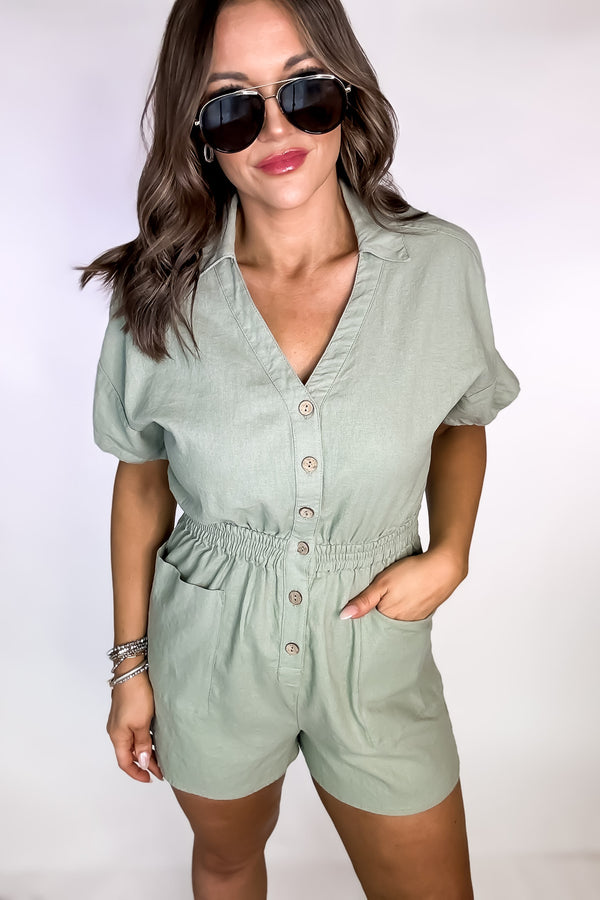 The Simple Life Moss Linen Button Down Romper