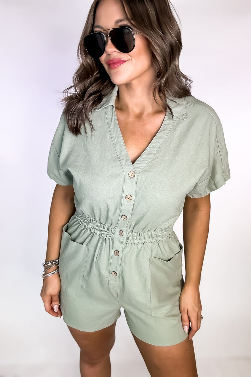 The Simple Life Moss Linen Button Down Romper