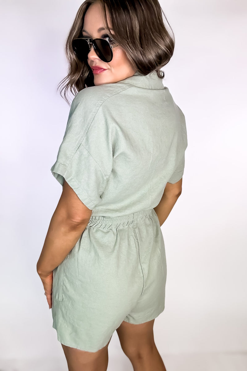 The Simple Life Moss Linen Button Down Romper