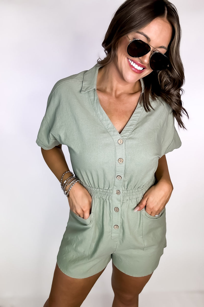 The Simple Life Moss Linen Button Down Romper