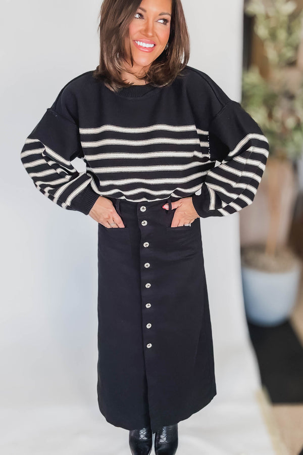 Black Cotton Button-front Midi Skirt