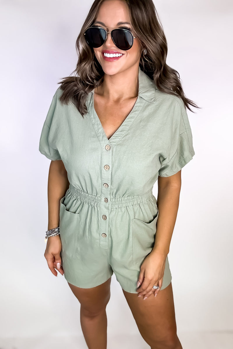 The Simple Life Moss Linen Button Down Romper