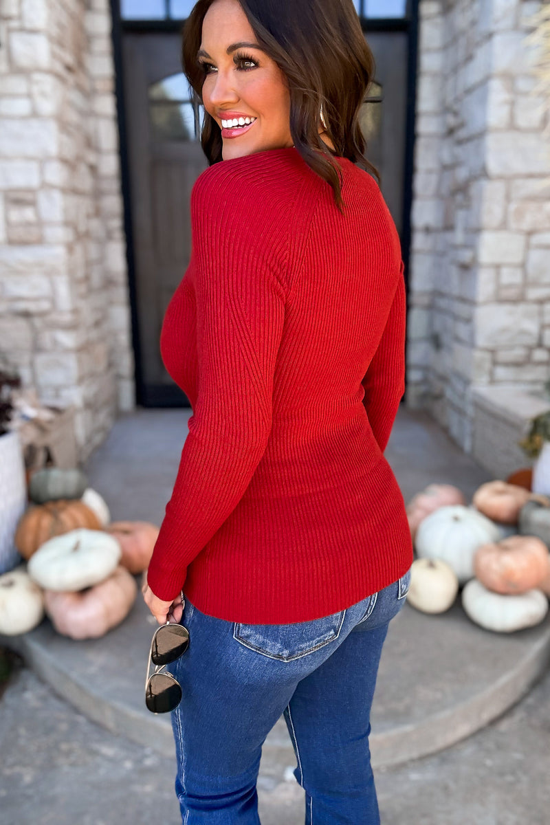 Traveling Far Ribbed V Neck Red Sweater