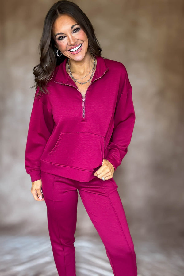 Easy Does It Cabernet Scuba Half Zip Sweatshirt