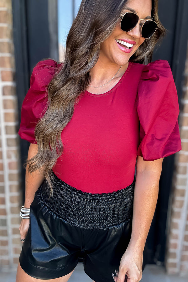 Poplin Burgundy Bubble Sleeves Bodysuit
