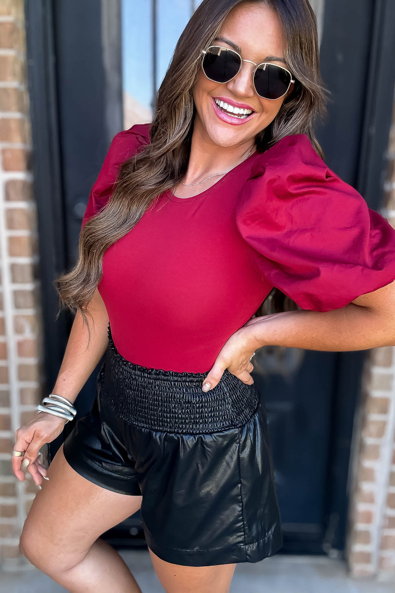 Poplin Burgundy Bubble Sleeves Bodysuit