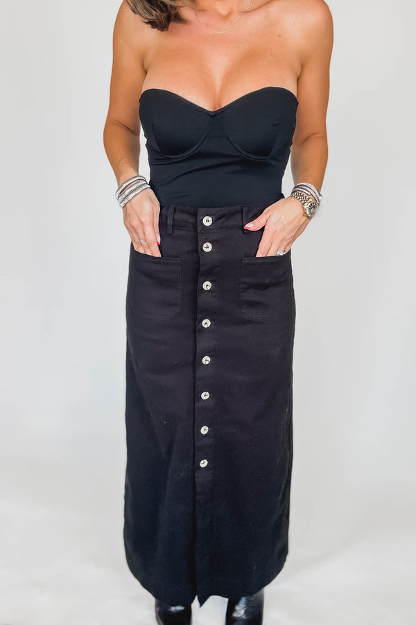 Black Cotton Button-front Midi Skirt