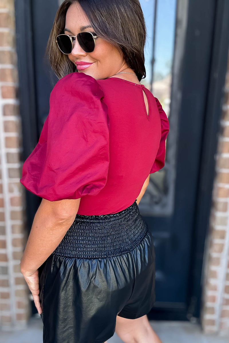 Poplin Burgundy Bubble Sleeves Bodysuit