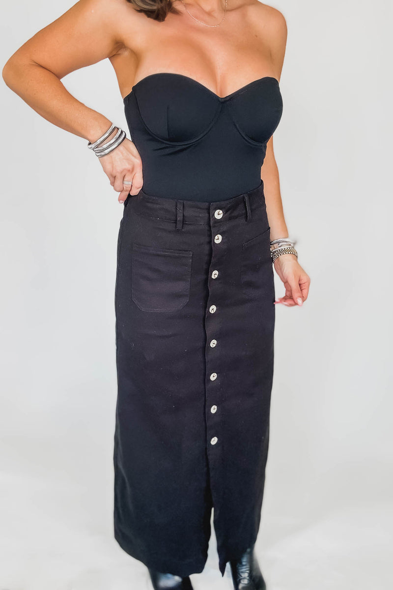 Black Cotton Button-front Midi Skirt