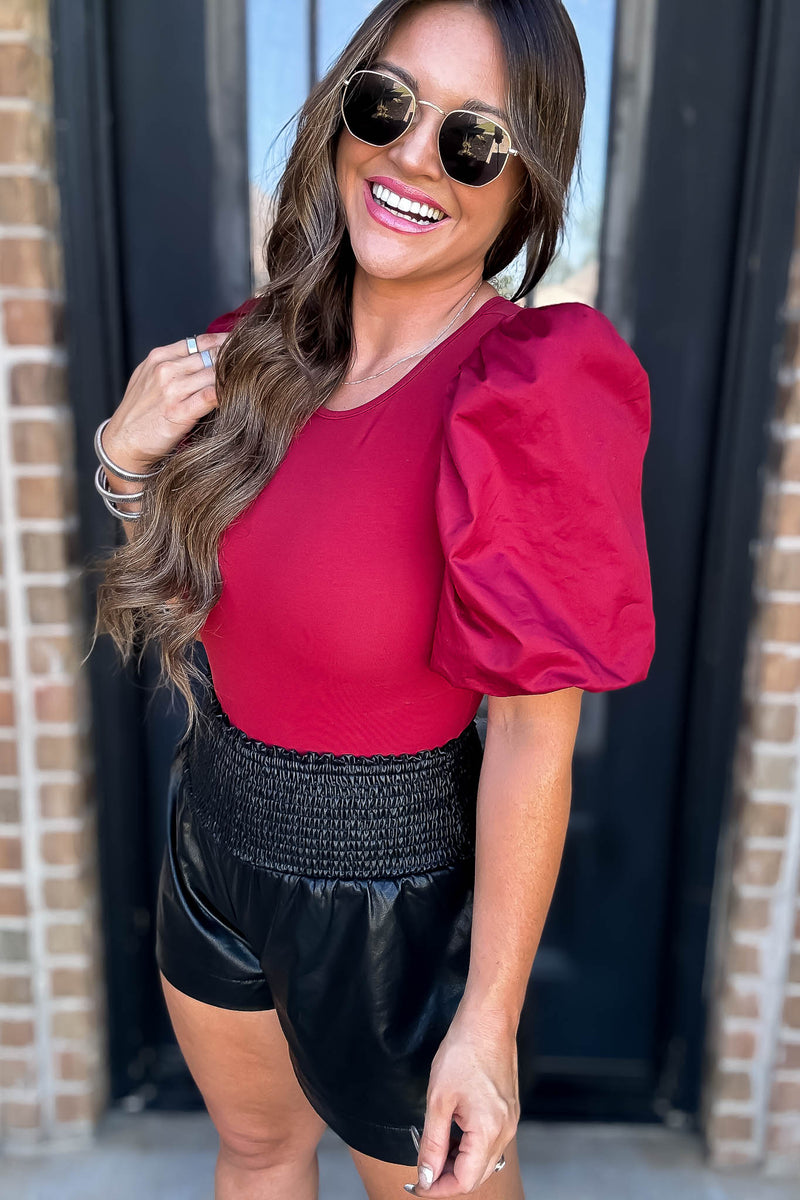 Poplin Burgundy Bubble Sleeves Bodysuit