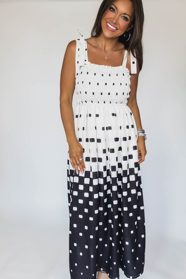 Pixel Print Smocked Bodice Maxi Dress