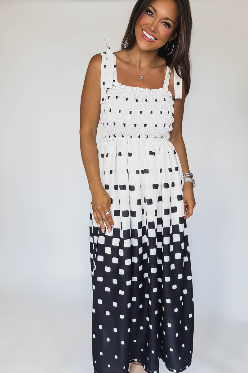 Pixel Print Smocked Bodice Maxi Dress