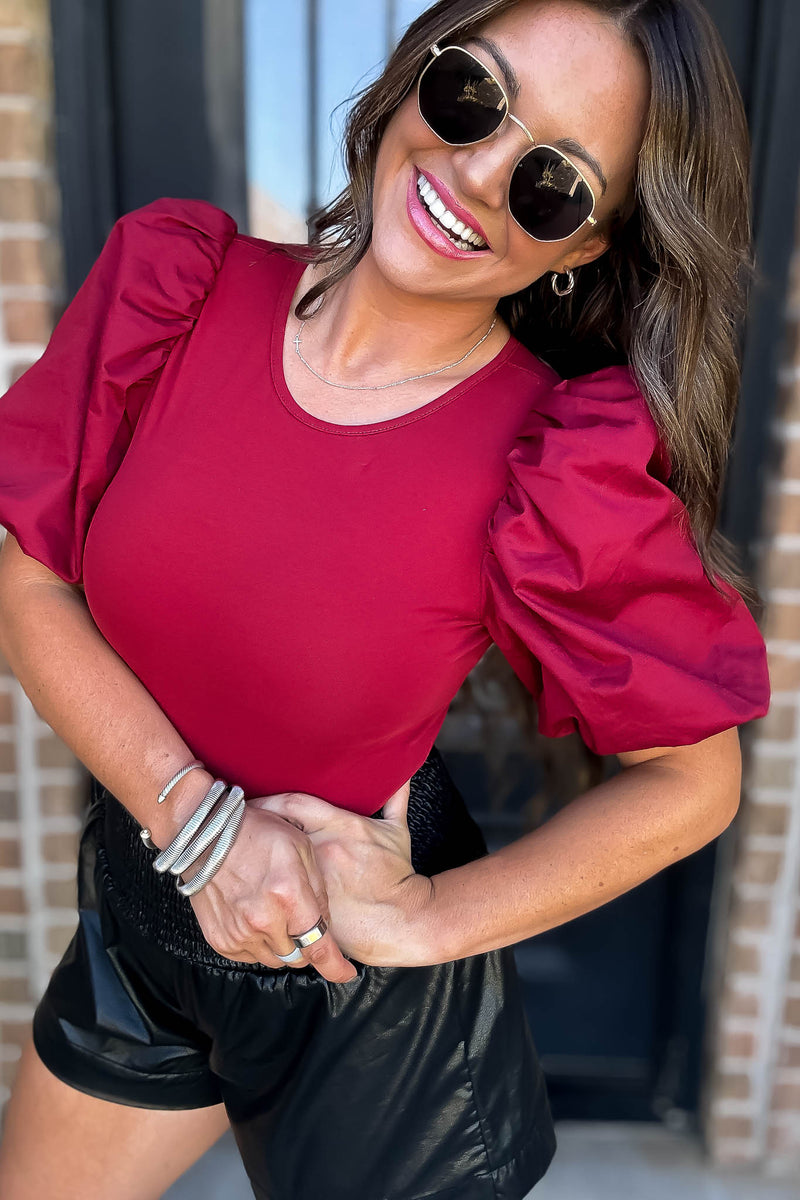Poplin Burgundy Bubble Sleeves Bodysuit