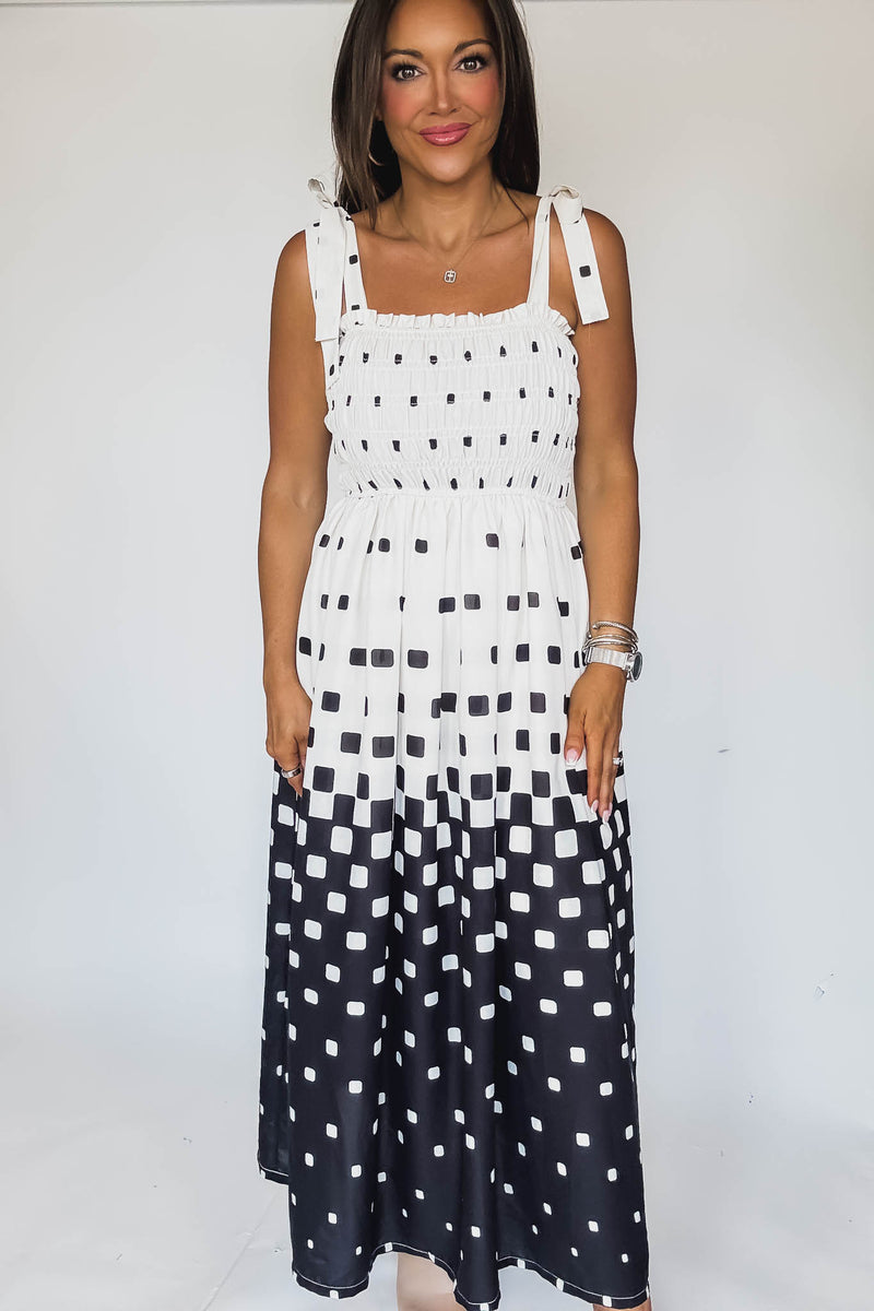 Pixel Print Smocked Bodice Maxi Dress