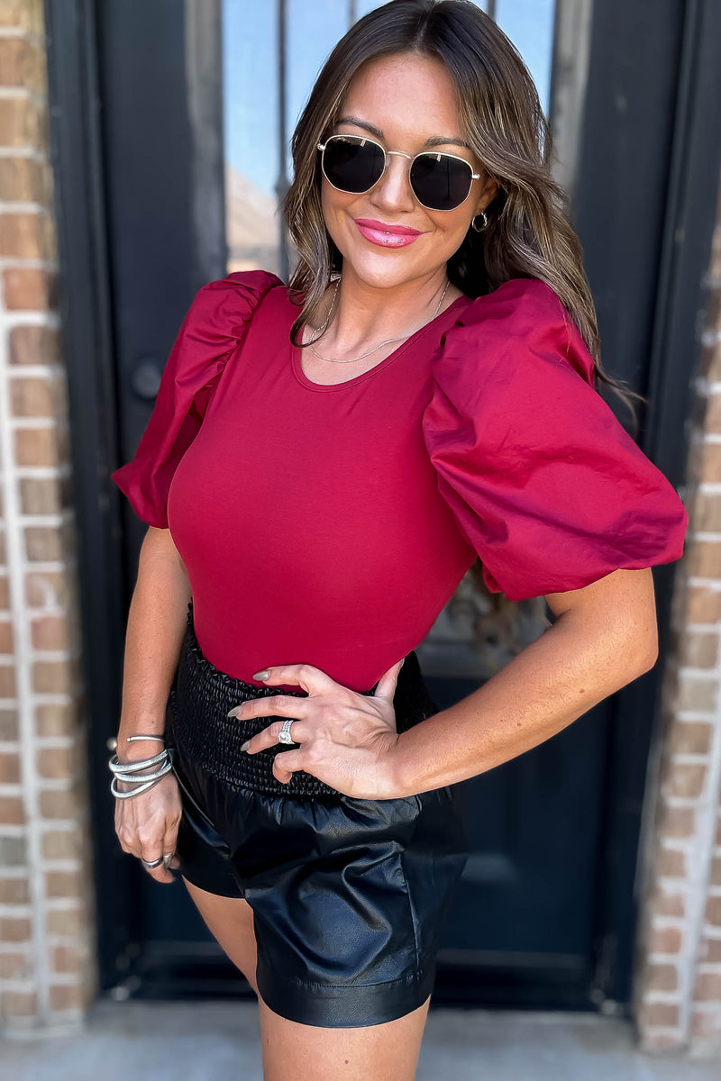 Poplin Burgundy Bubble Sleeves Bodysuit