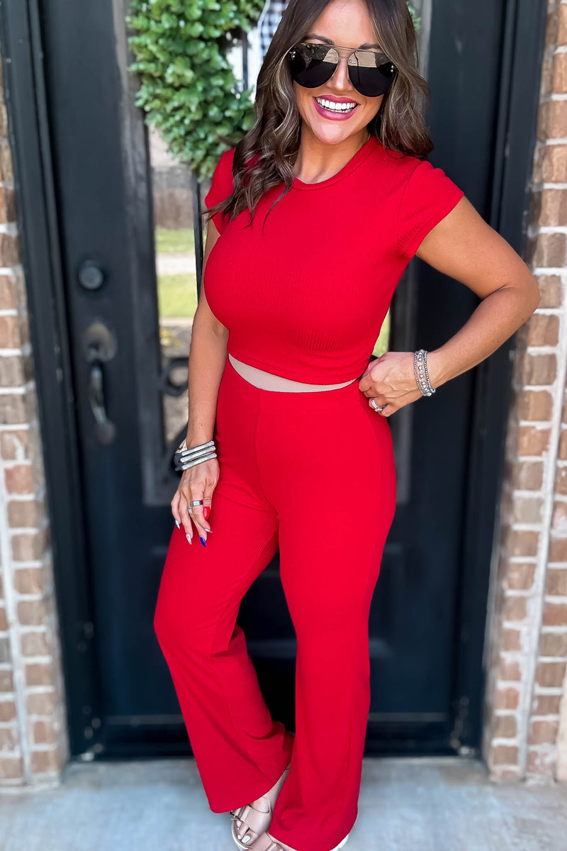 Travel In Comfort Red Salsa Soft Ribbed Crop Tee Wide Leg Pant Set