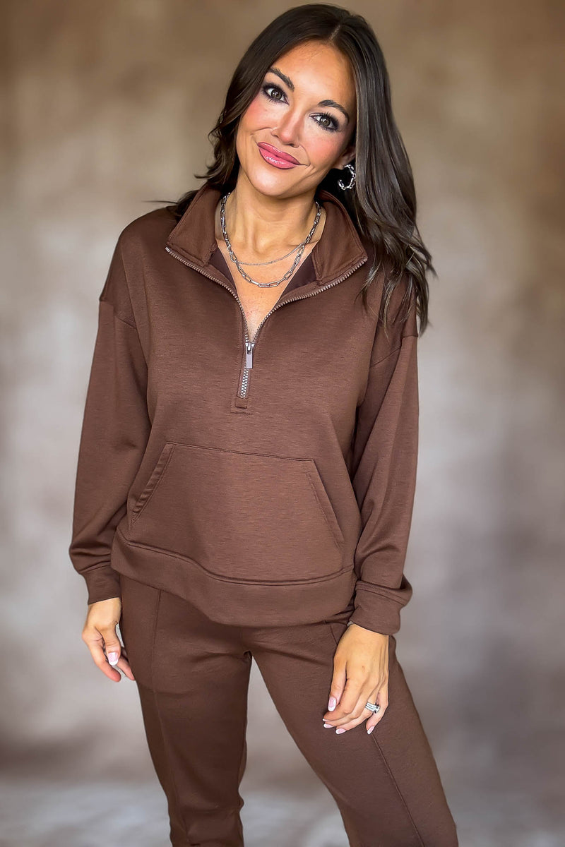 Easy Does It Brown Scuba Half Zip Sweatshirt