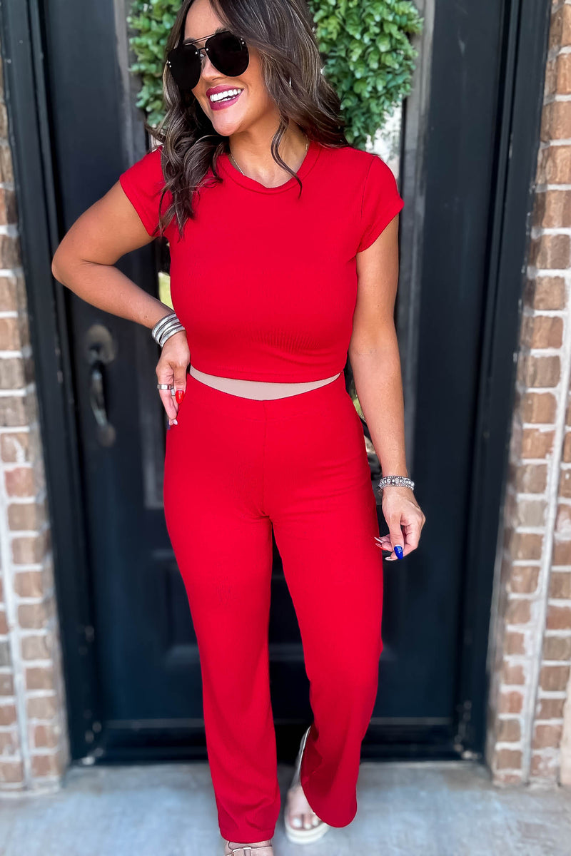 Travel In Comfort Red Salsa Soft Ribbed Crop Tee Wide Leg Pant Set