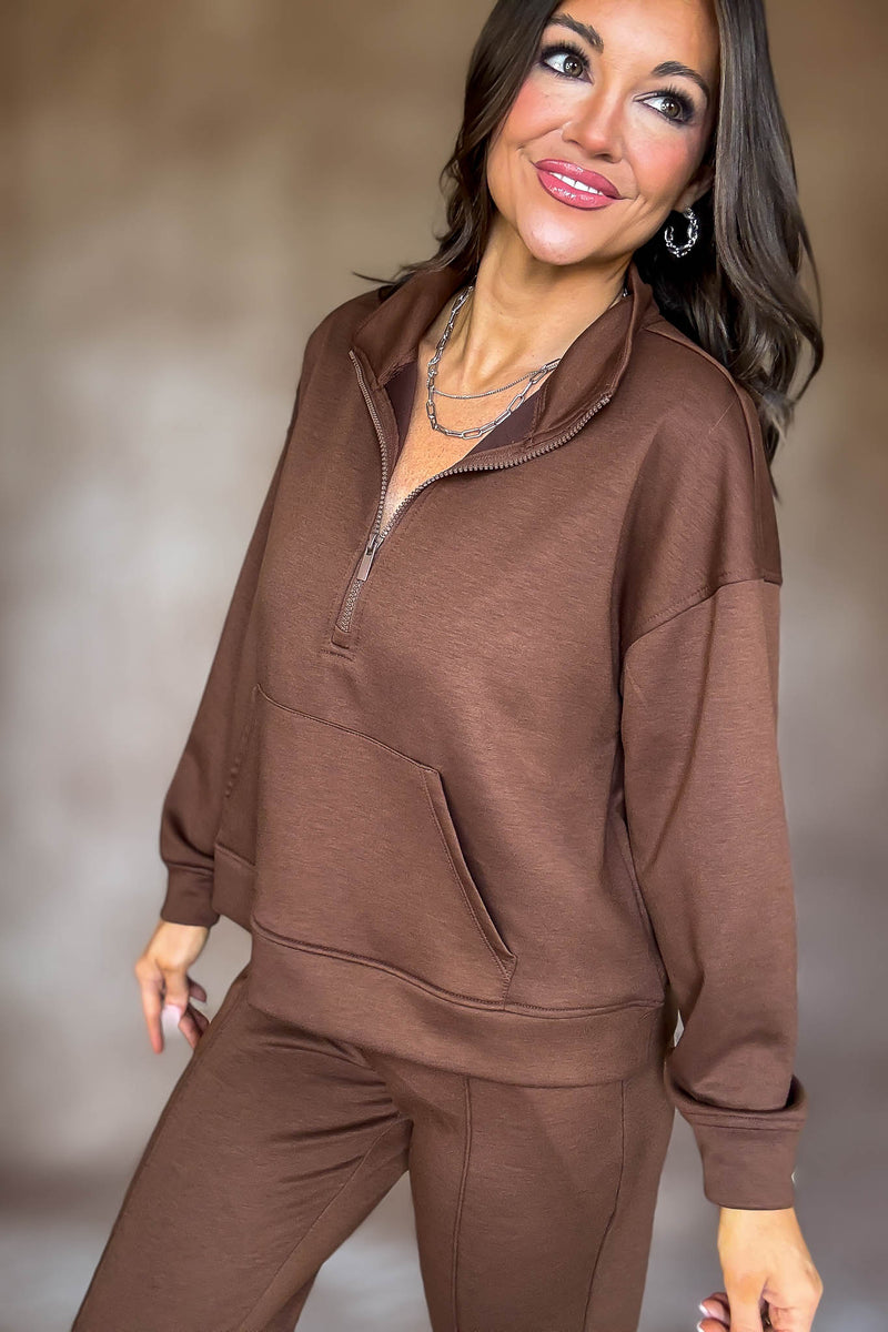 Easy Does It Brown Scuba Half Zip Sweatshirt