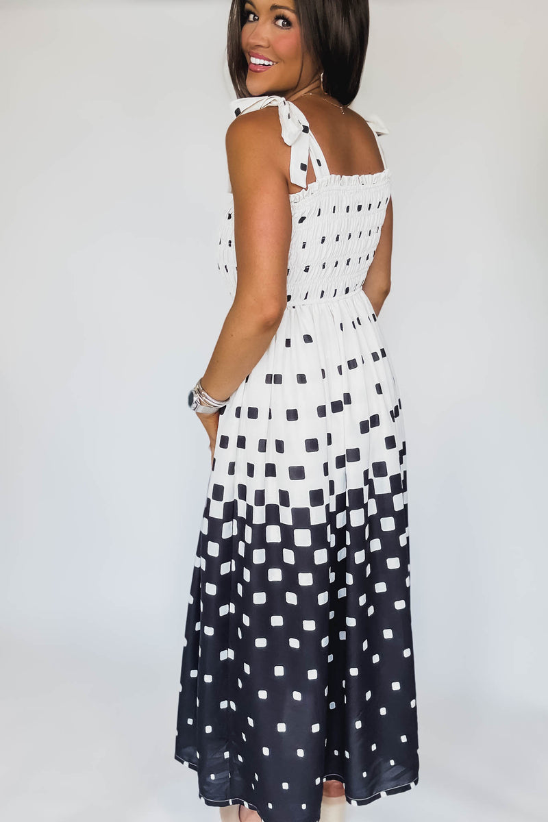 Pixel Print Smocked Bodice Maxi Dress