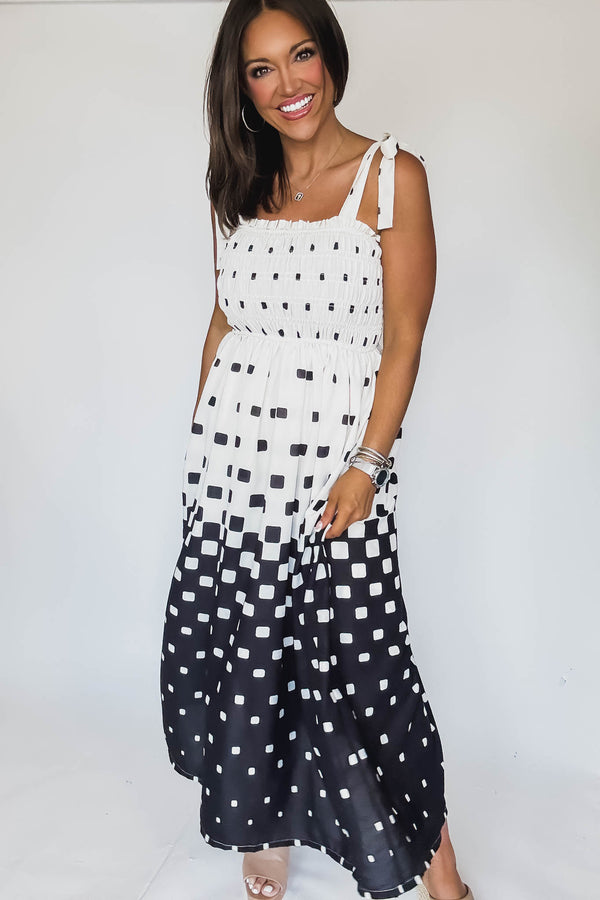 Pixel Print Smocked Bodice Maxi Dress