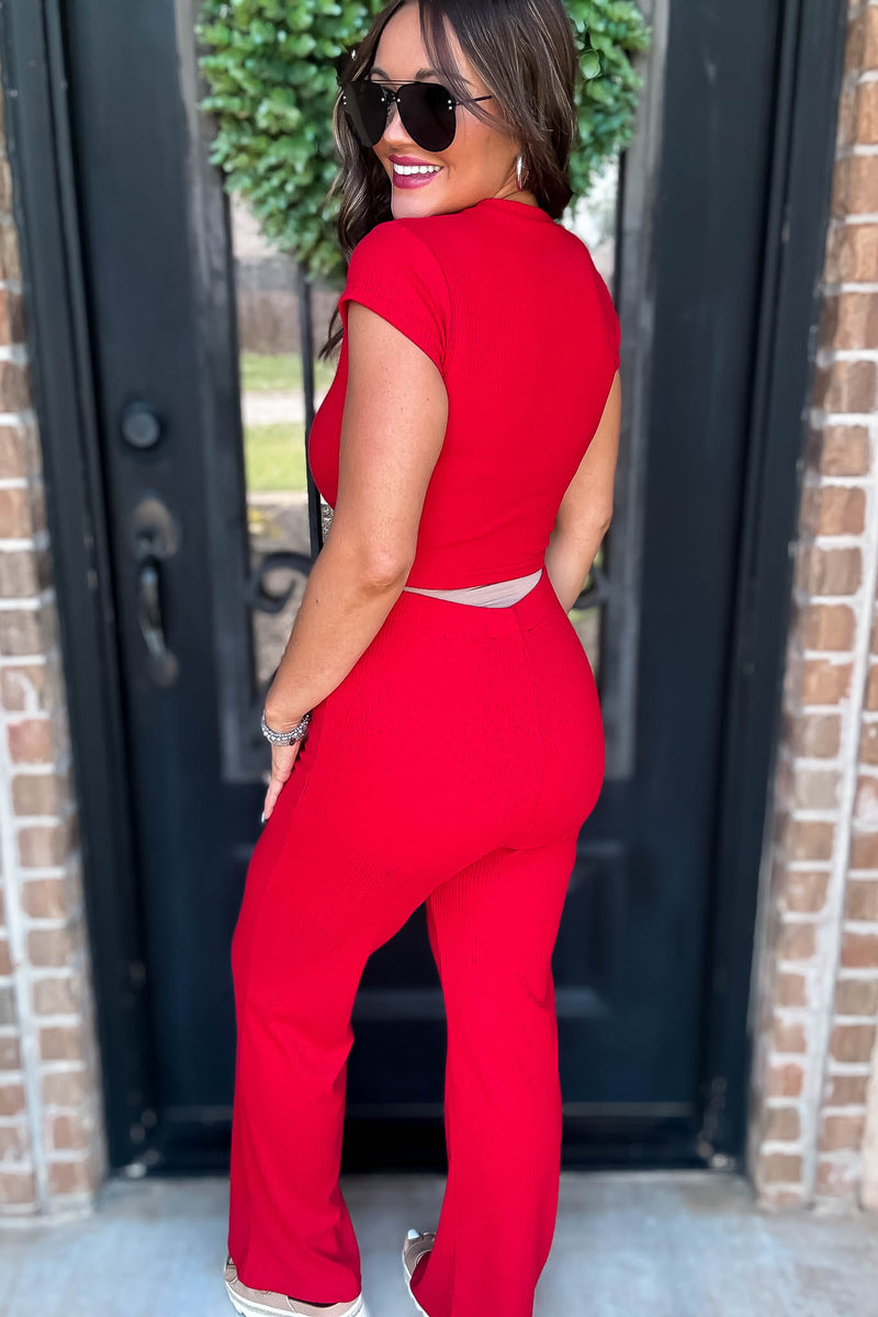 Travel In Comfort Red Salsa Soft Ribbed Crop Tee Wide Leg Pant Set