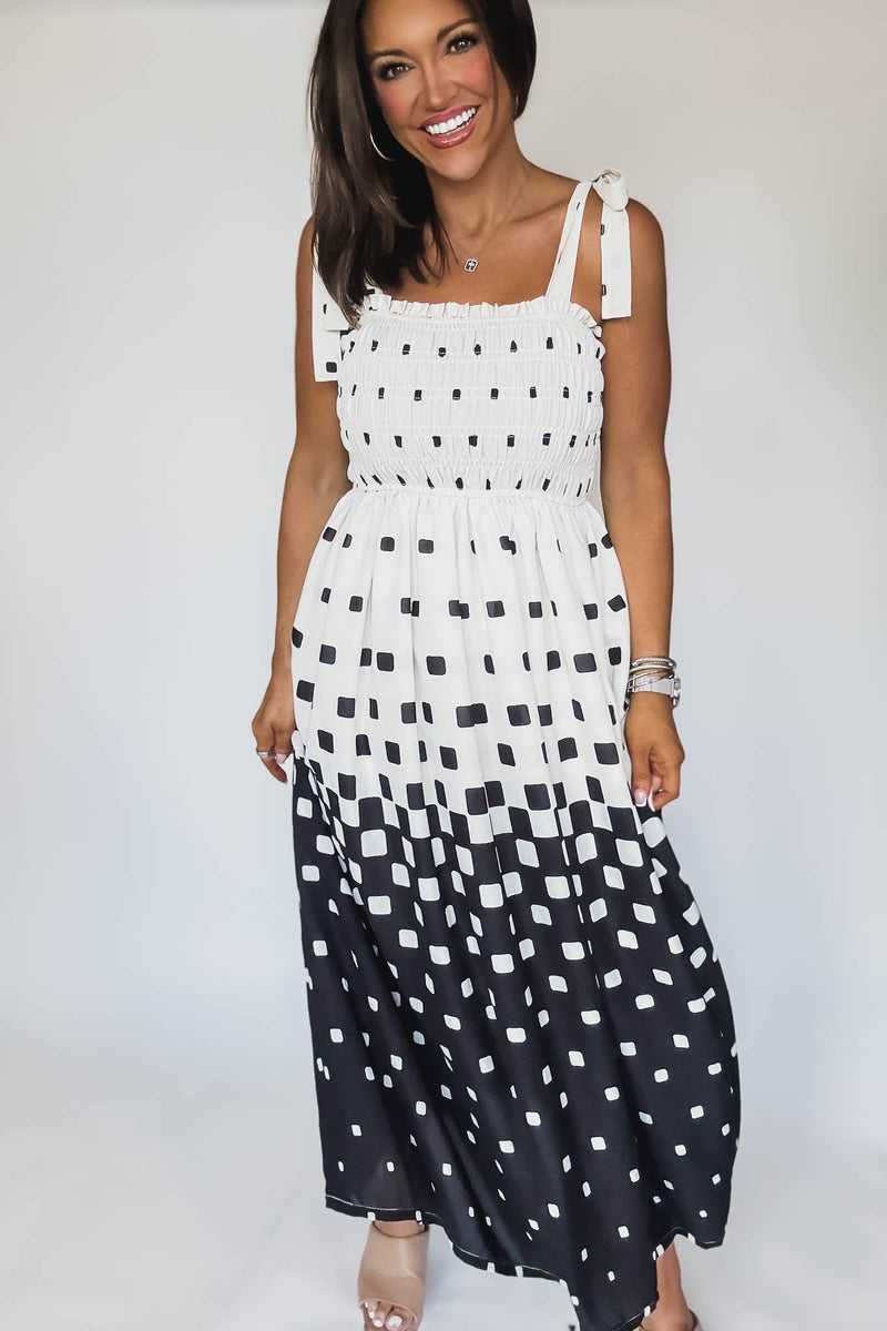 Pixel Print Smocked Bodice Maxi Dress