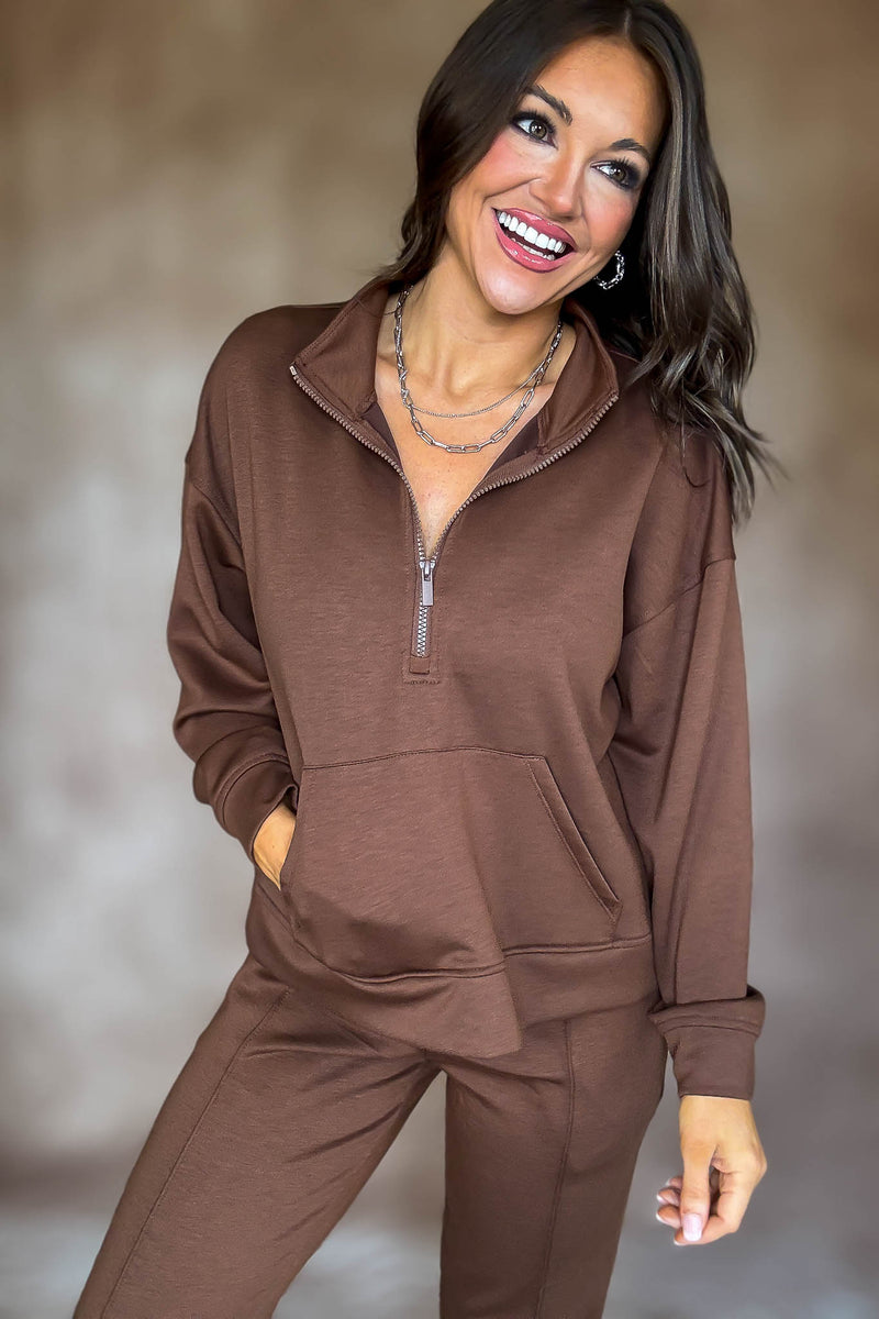 Easy Does It Brown Scuba Half Zip Sweatshirt