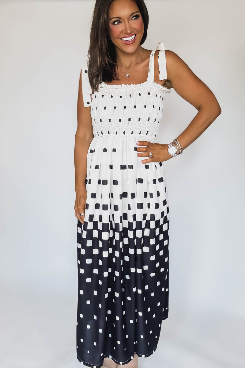 Pixel Print Smocked Bodice Maxi Dress