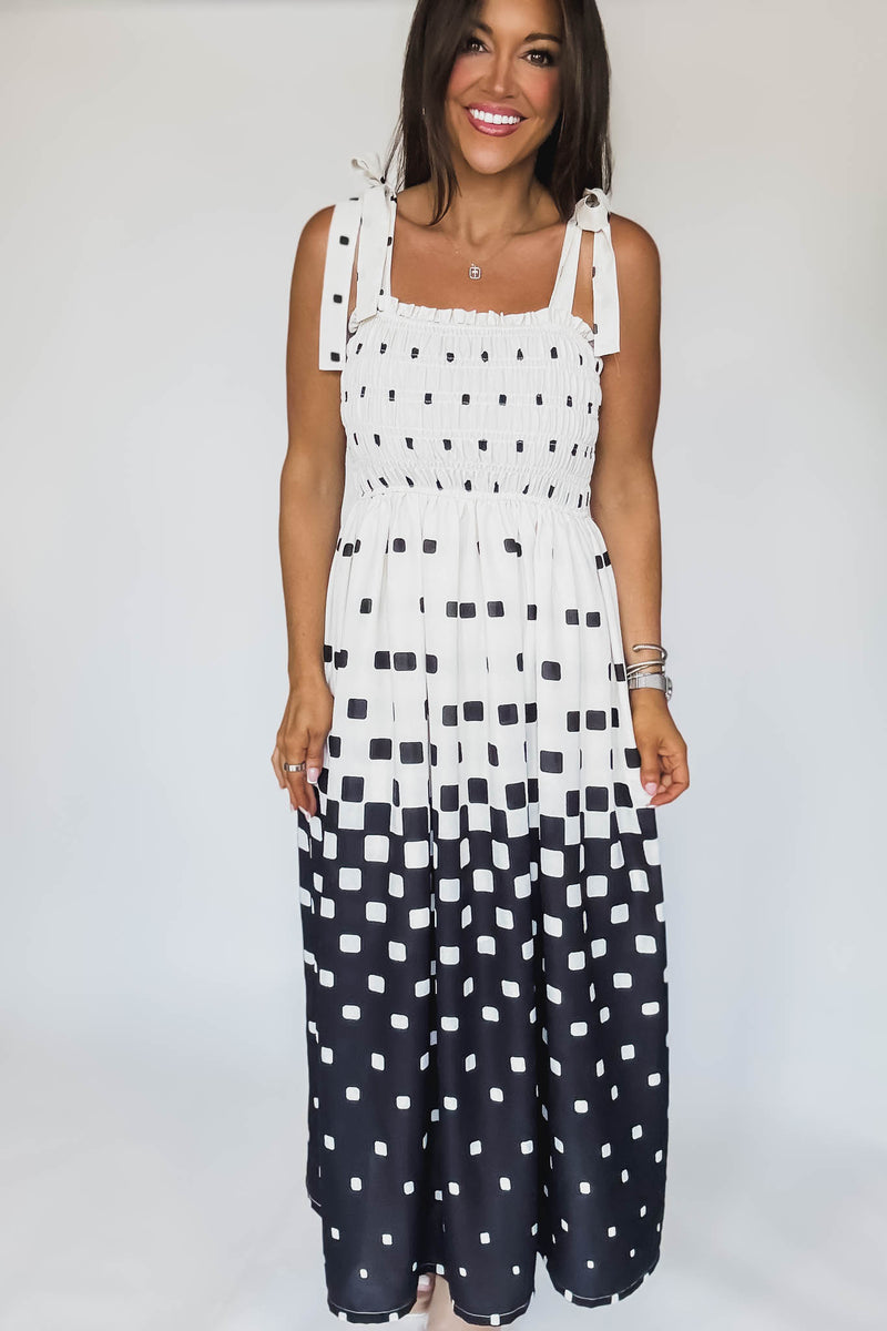 Pixel Print Smocked Bodice Maxi Dress