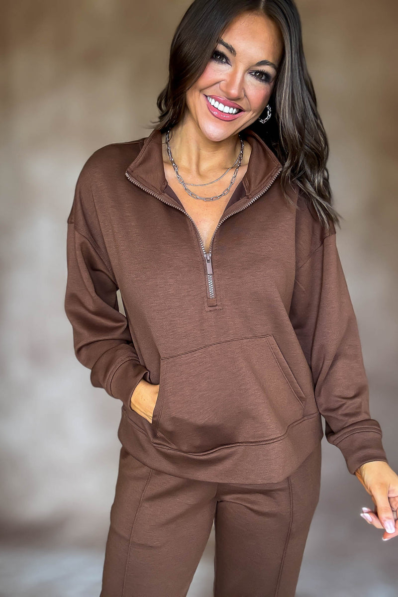 Easy Does It Brown Scuba Half Zip Sweatshirt