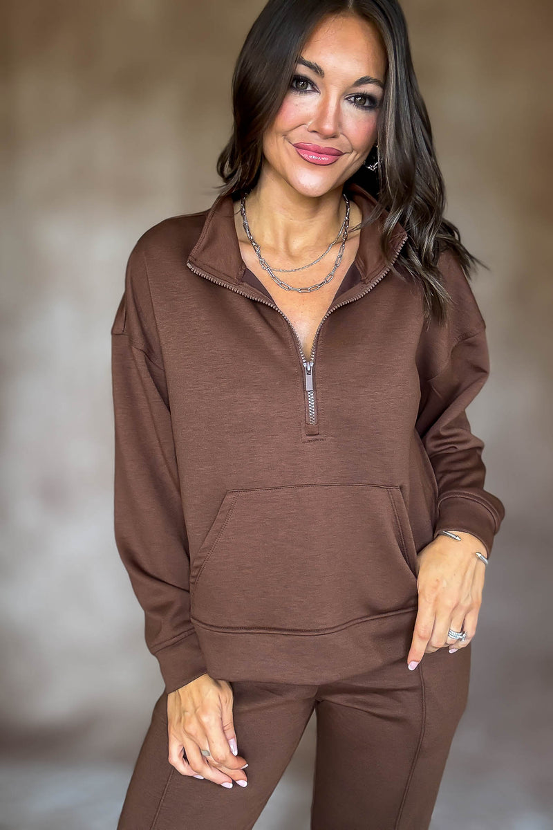 Easy Does It Brown Scuba Half Zip Sweatshirt